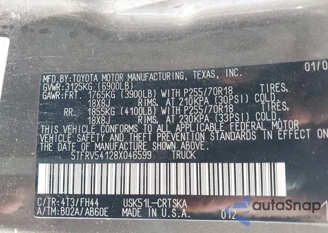 2008 Toyota Tundra Sr5 5.7L V8 from USA, damaged, VIN 5TFRV54128X046599